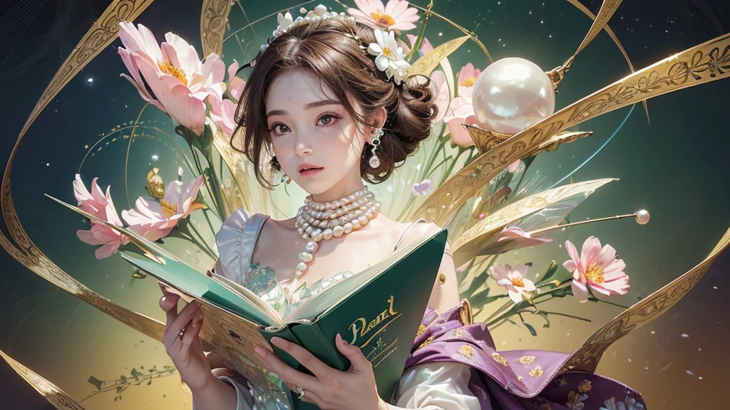 32K, 最高quality, 最高masterpiece, (ultra-Detailed Background, Detailed Background), High resolution, Super detailed, Very detailedな, 1 personの, (bouquet:1.3), (Tangled:1.2), (Geometric:1.2),(colorful),(masterpiece, quality, best quality, Official Art, Beautiful and beautiful:1.2), (1 person:1.3), Very detailed,(colorful:1.1)(Flowers:1.3),Most detailed,(Tangled:1.2), whole body, (Abstract background:1.3), (Skin glows), (Many colors:1.4), ,(Earrings Pearl:1.5), Light green background, It's imaginative., Brunette Hair, Updo, Holding a book, Holding a pen, Satin shirt