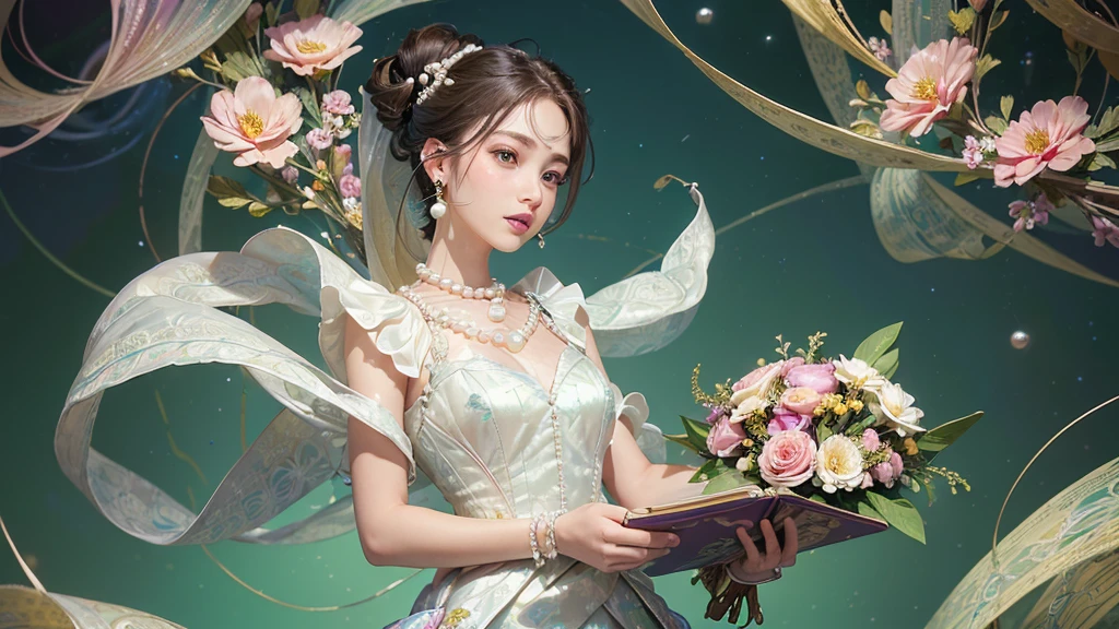 32K, 最高quality, 最高masterpiece, (ultra-Detailed Background, Detailed Background), High resolution, Super detailed, Very detailedな, 1 personの, (bouquet:1.3), (Tangled:1.2), (Geometric:1.2),(colorful),(masterpiece, quality, best quality, Official Art, Beautiful and beautiful:1.2), (1 person:1.3), Very detailed,(colorful:1.1)(Flowers:1.3),Most detailed,(Tangled:1.2), whole body, (Abstract background:1.3), (Skin glows), (Many colors:1.4), ,(Earrings Pearl:1.5), Light green background, It's imaginative., Brunette Hair, Updo, Holding a book, Holding a pen, Satin shirt