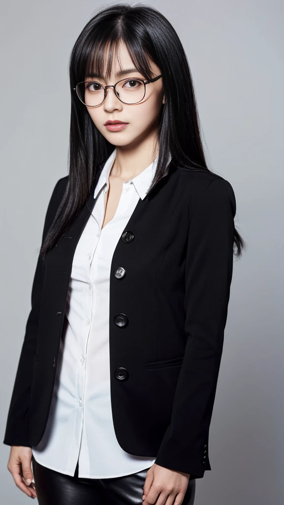 (Highest quality:1.5), (Real:1.4), (Ultra high definition:1.4), (No correction:1.4), (skinny Japanese woman with average size breasts standing front plain background in studio), (A woman wearing black-rimmed glasses), (Very small eyes), (breasts of average size), (Average height), (Bangs that hide eyebrows), (Long black hair), (Dark personality expression), (Black jacket), (White blouse), (Black slacks), (black hair woman is standing with a black jacket over a white blouse and black slacks front plain background in studio), (woman viewed from the front), (Plain background), (Cowboy Shot), (Cold expression), (upright), (A woman with long black hair and glasses), (Bangs that hide eyebrows), (Sharp and tiny eyes)