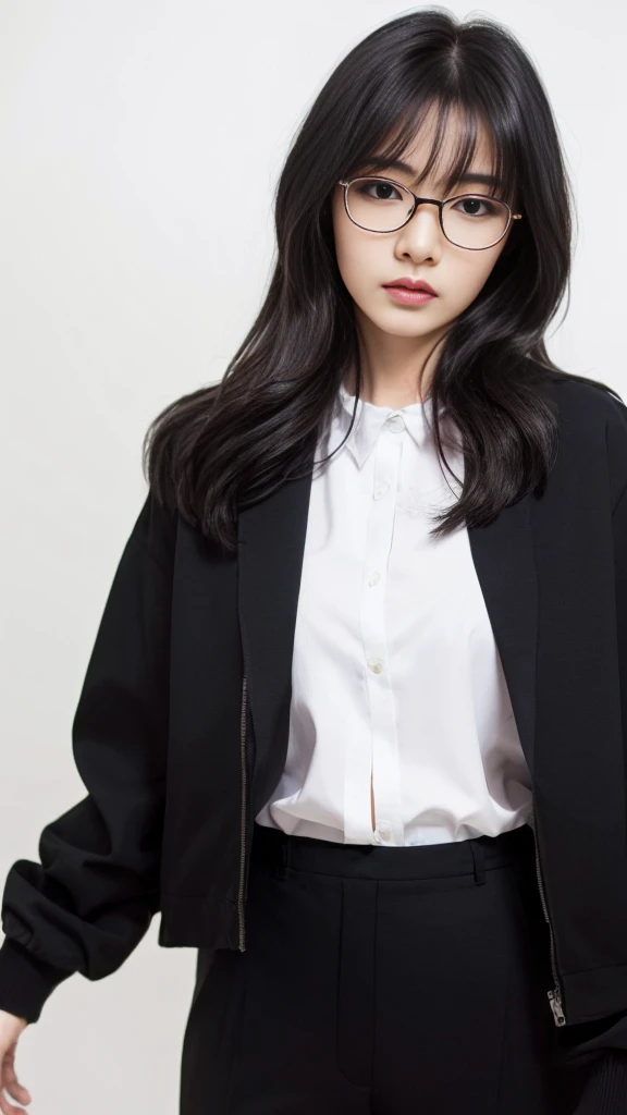 (Highest quality:1.5), (Real:1.4), (Ultra high definition:1.4), (No correction:1.4), (skinny Japanese woman with average size breasts standing front plain background in studio), (A woman wearing black-rimmed glasses), (Very small eyes), (breasts of average size), (Average height), (Bangs that hide eyebrows), (Long black hair), (Dark personality expression), (Black jacket), (White blouse), (Black slacks), (black hair woman is standing with a black jacket over a white blouse and black slacks front plain background in studio), (woman viewed from the front), (Plain background), (Cowboy Shot), (Cold expression), (upright), (A woman with long black hair and glasses), (Bangs that hide eyebrows), (Sharp and tiny eyes)