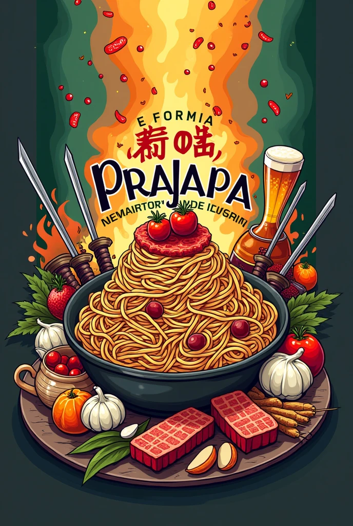 Logo for a restaurant with oriental and Italian culture, cake, noodle italiano, spices, garlic, onion, gingantic, curry, meat, noodle, beer bottle, three swords and written "PraJapa"