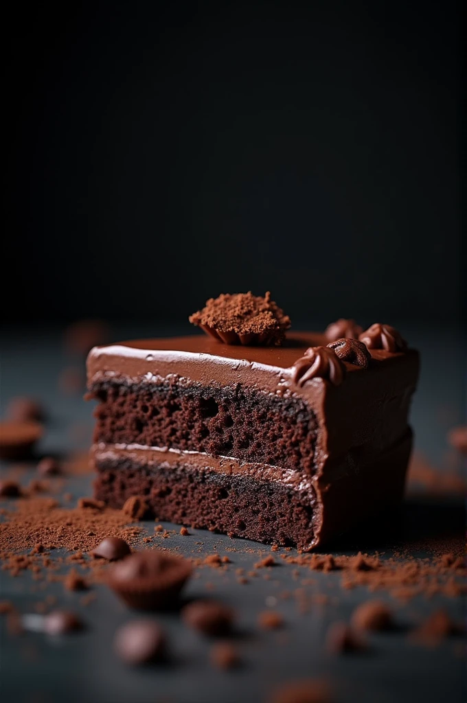 cinematic film still chocolate, chocolate cake, dark background, quality photo, moist texture, frosting, studio photo, slice . shallow depth of field, vignette, highly detailed, high budget, bokeh, cinemascope, moody, epic, gorgeous, film grain, grainy