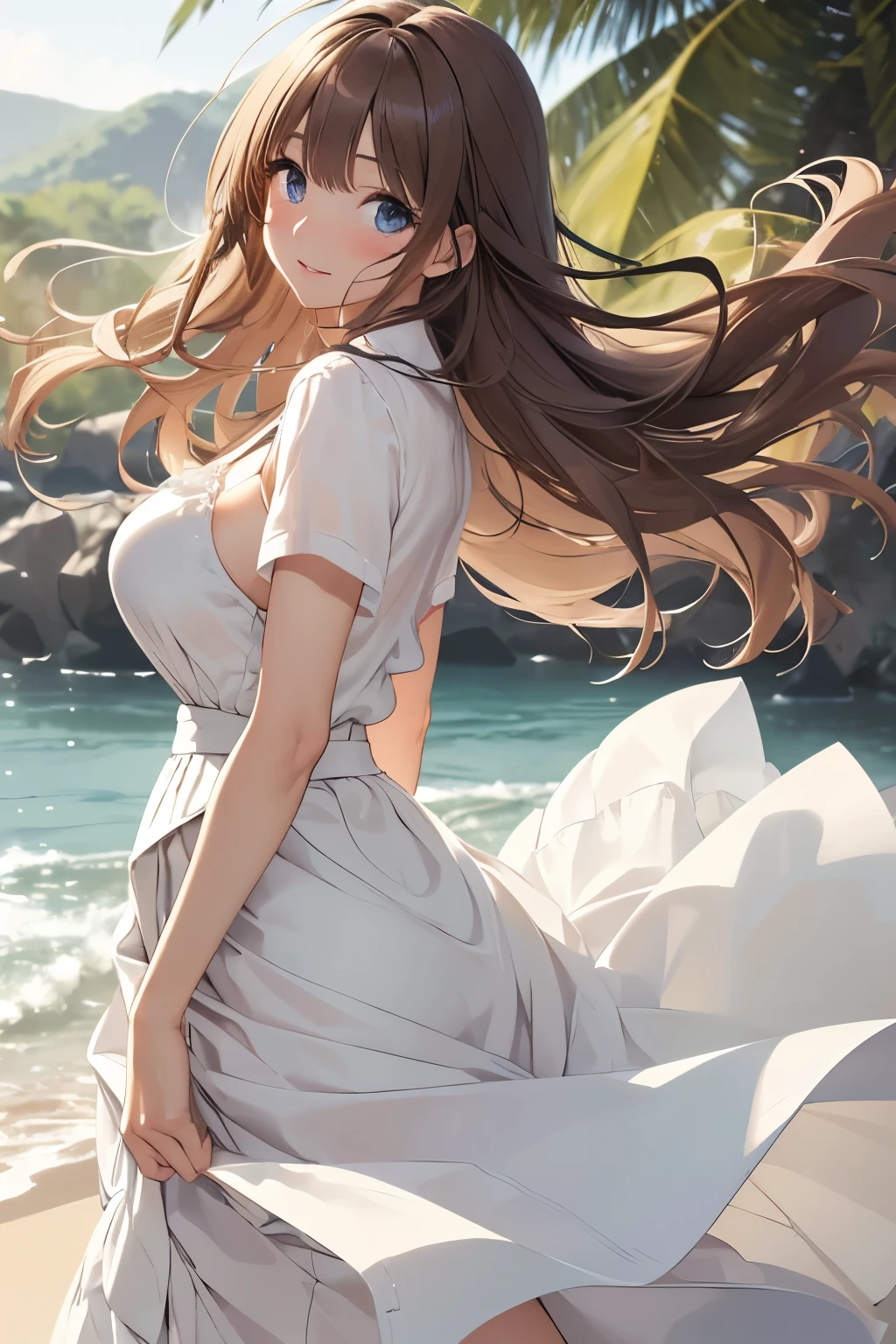 masterpiece, Beauty, Age 25, Her dress is blown up by the wind, Beautiful scenery, Big Breasts, White dress, (((Long skirt))), Her skirt flips up and her panties are visible, Her face is perfectly symmetrical、blue eyes, (Highest quality,8k,Realistic,Very detailed),One person,Beautiful attention to detail,Beautiful lip detail,Very detailed目と顔,Long eyelashes,Perfect body, Light brown long hair, Gal, (((Your skirt is flipped up and your panties are visible))), (((Windblown Skirt))), (((White panties))), (((Pay attention to the panties))), A kind smile, (((Skirt flipped over by the wind))), (((Embarrassing))), (((Surprised))), ((Blushing)), panic, don't wear socks, (((Do the splits))), (((Facing forward))),