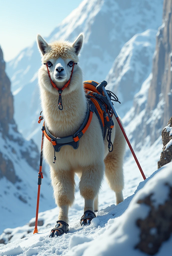 Image of an alpaca climbing a snowy mountain using crampons and an ice axe