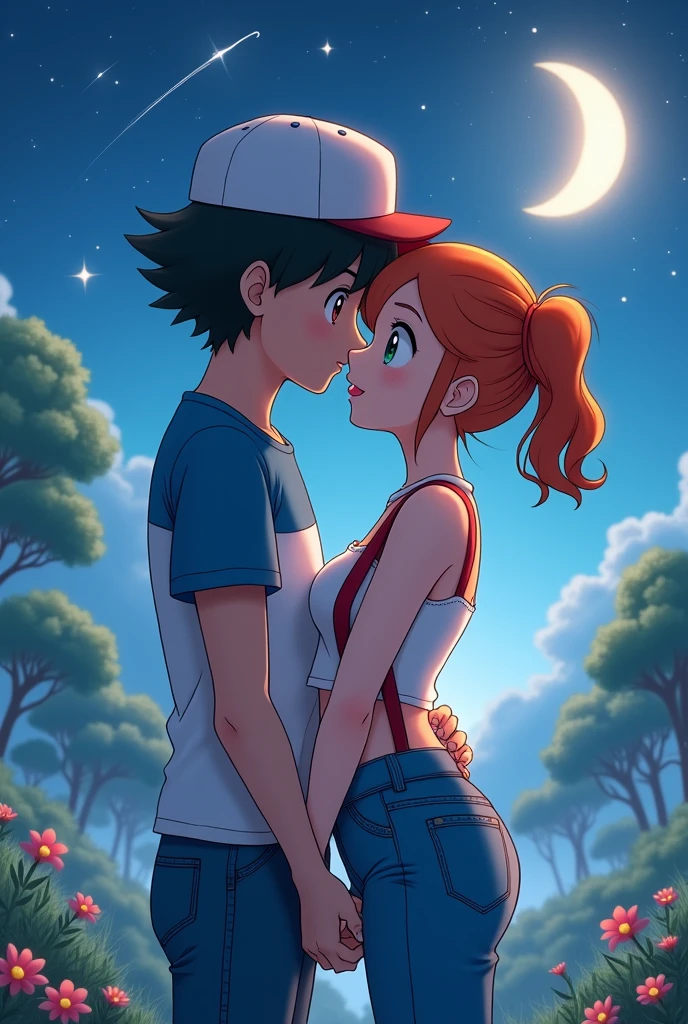 best quality, of romantic couple in amazing and idyllic landscape, romantic atmosphere, featured details; Man ash Ketchum from Pokémon Brown eyes , blue and white t-shirt with use Jean, woman
(Misty_Pokemon)(Berry Short,Orange Hair,one side up hair ,Big green eyes,Small breasts,Skinny)
(White sleeveless T-shirt,Belly button exposed,Denim pants,Red suspenders,sneakers)
I can feel the spirit in my eyes., readiant smile, in the light of the moon kissing , anime realistic , star , hugging, beautiful girl, magic moment, 4k , only our , beautiful night, shooting star, smile, smile