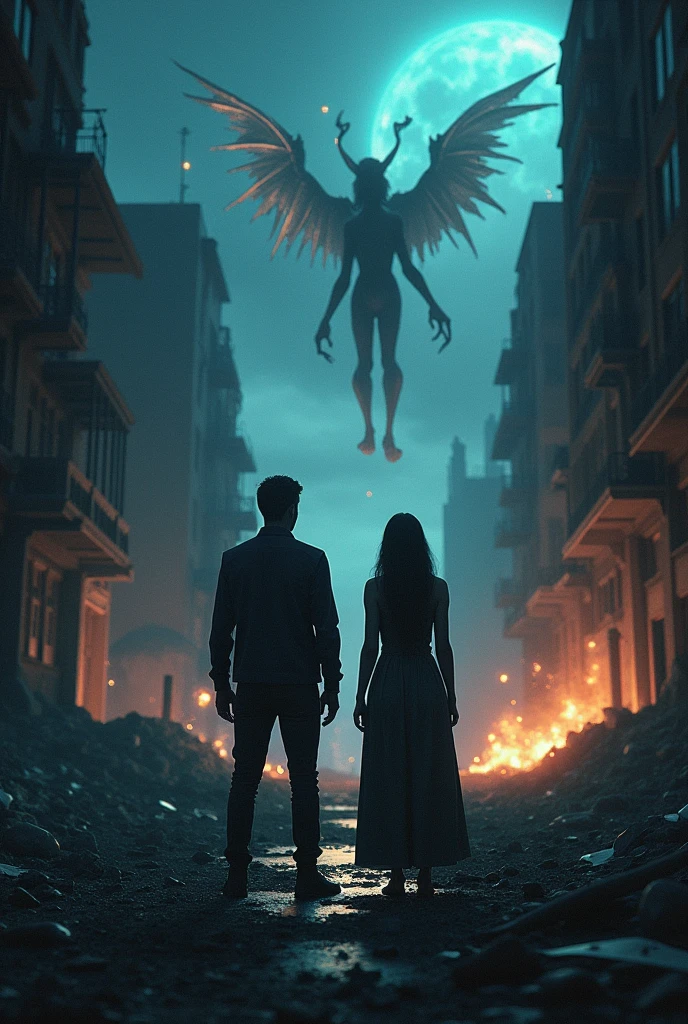 ruined city at night being attacked by unknown creatures And a woman and a man with their backs turned watching everything