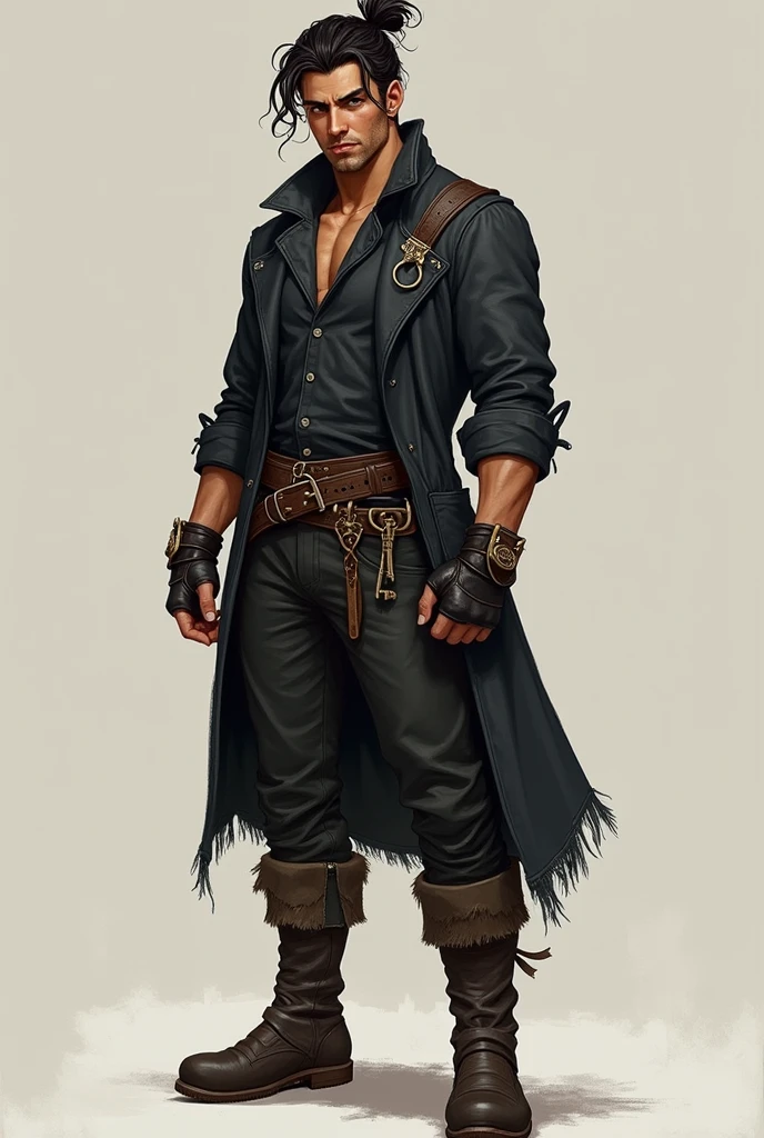 Man Height: 1,80 m Skin Color: Brown Hair: blackw, tied in a messy bun with a few loose strands, giving a rebellious air.
eyeballs: Castanhos escuros, com um olhar curioso e travesso.
badass clothing:
upper part: Dark, fitted tunic with frayed edges.
Bottom: Flexible and resistant leather pants.
booties: booties de couro alto, robust and discreet.
Accessories:
layer: layer escura e ligeiramente esfarrapada.
mitts: mitts de couro sem dedos.
Rogue's Tools: Rogue's Tool Belt, like hooks and master keys.