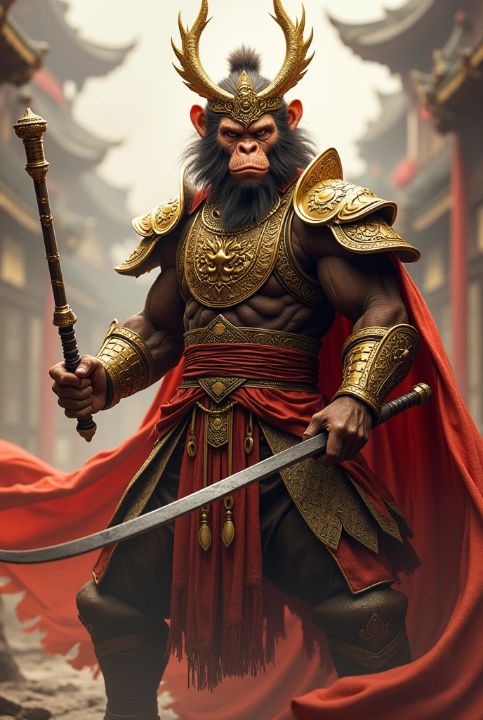 Sun wukong, a man with ape face, in golden and brown full-body dynasty armor, two antenna-like plumes headdress, wielding a long metal bo stick with gold on two edges, red flowing cape, dynamic pose, fantasy vibe,