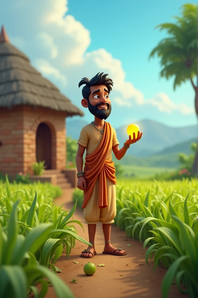 In cinematic 3d cartoon style ""A rural Indian village with a simple, hardworking farmer standing proudly in a lush green field. The field, once barren, is now thriving with crops. In the farmer's hand, there is a small, glowing stone that he found in the field. The farmer's modest home can be seen in the background, with the stone placed on a small altar. The farmer is dressed in traditional simple clothes, and his expression is one of contentment and pride. The surrounding scenery is peaceful, with distant hills and a clear blue sky, capturing the essence of village life."