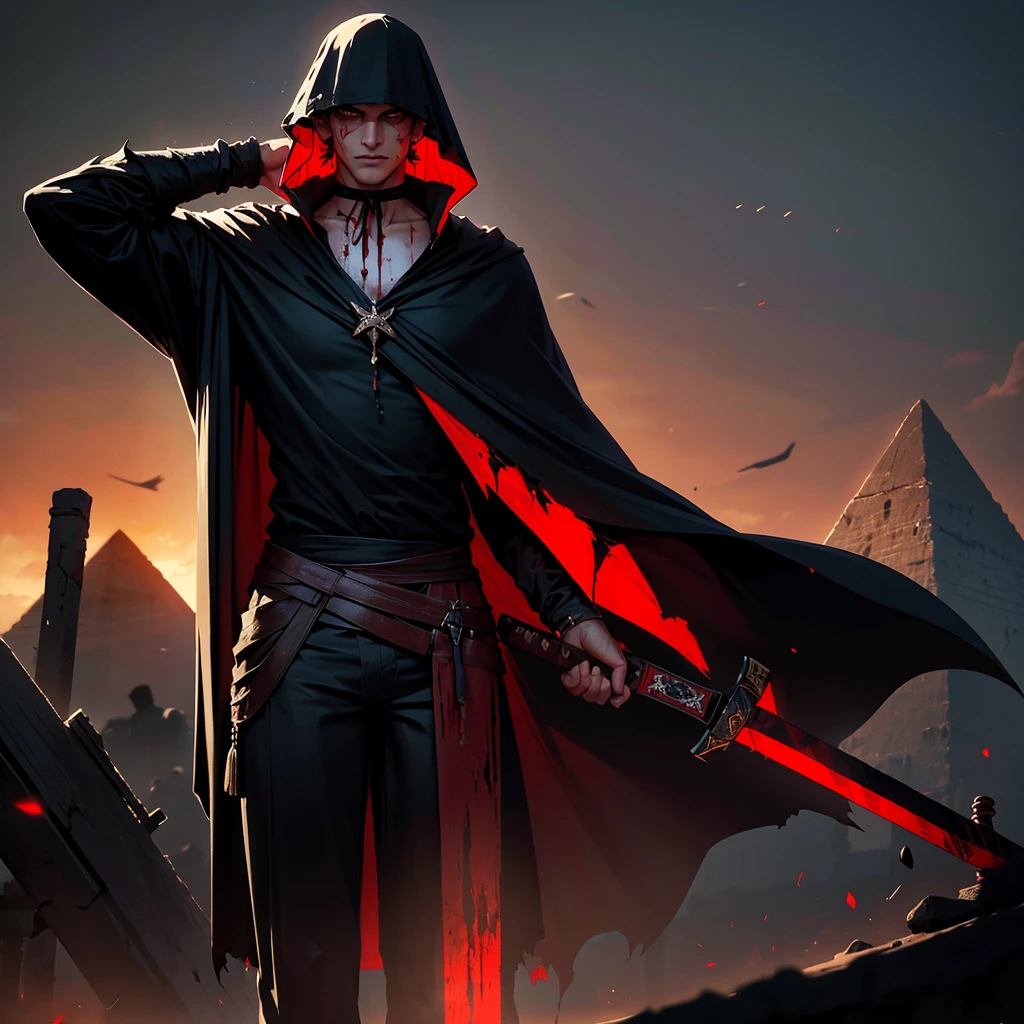 Strong tall guy, looking at viewer, hands behind back, giant saw sword, blood on the clothes and all over the sword. an iron pyramid hat with small, ancient writing covering the entire head down to the neck, black shirt and pants, torn black cape with blood, blood on the clothes, blood on the accessory.