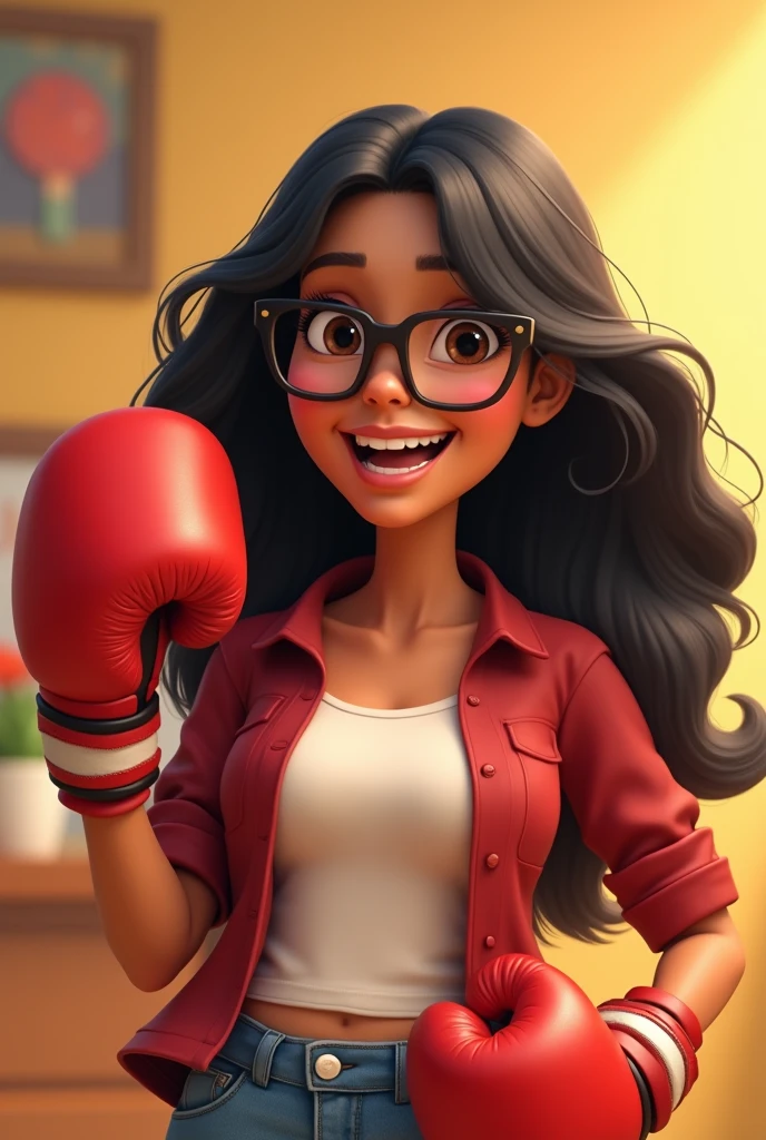 young adult woman with light brown skin, black hair, loose hair, medium hair length, dark brown eyes, shiny square thin-framed glasses, rounded face, wears red boxing gloves, with her left hand raised upwards and her hand right to the happy side and open smile very excited, animation inspired by pixar