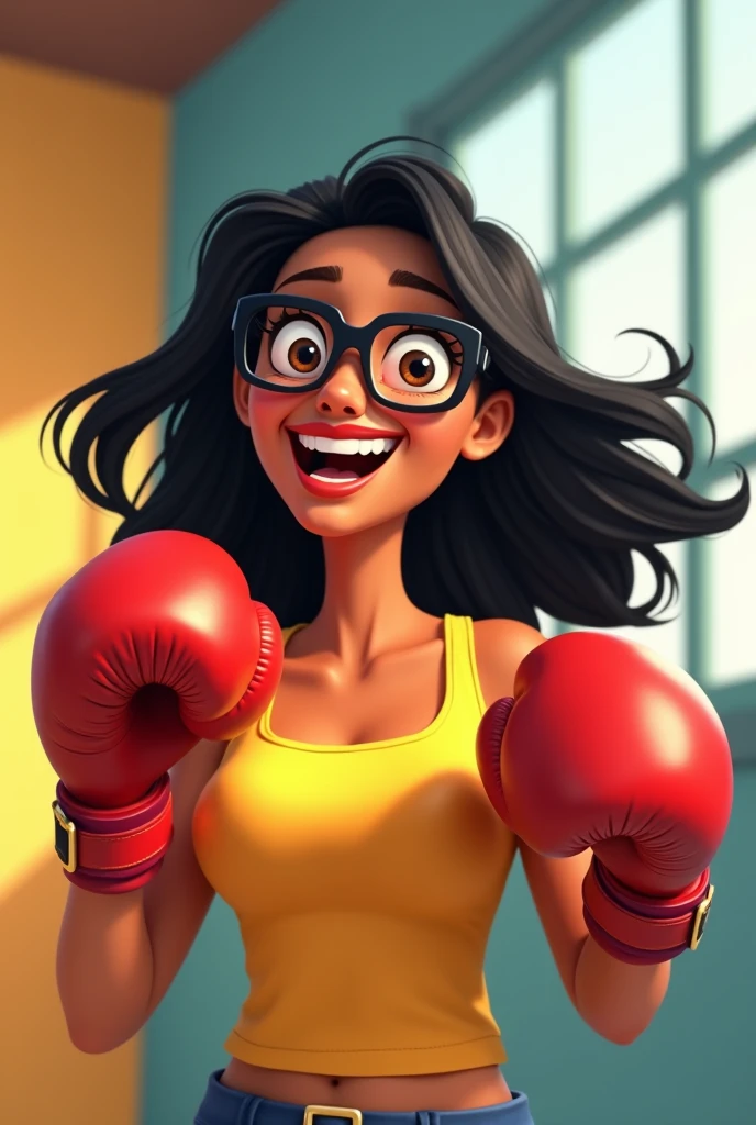 cartoon woman with boxing gloves and a smile, cartoon style illustration, caricature illustration, in cartoon style, by Melissa A. Benson, cartoon artstyle, caricature style, cartoon illustration, boxing, looks like laura barriales, inspired by Elaine Duillo, boxer, in a boxing ring, toon rendering, sweating, j - lo, in a fighting pose, kickboxing, 8k