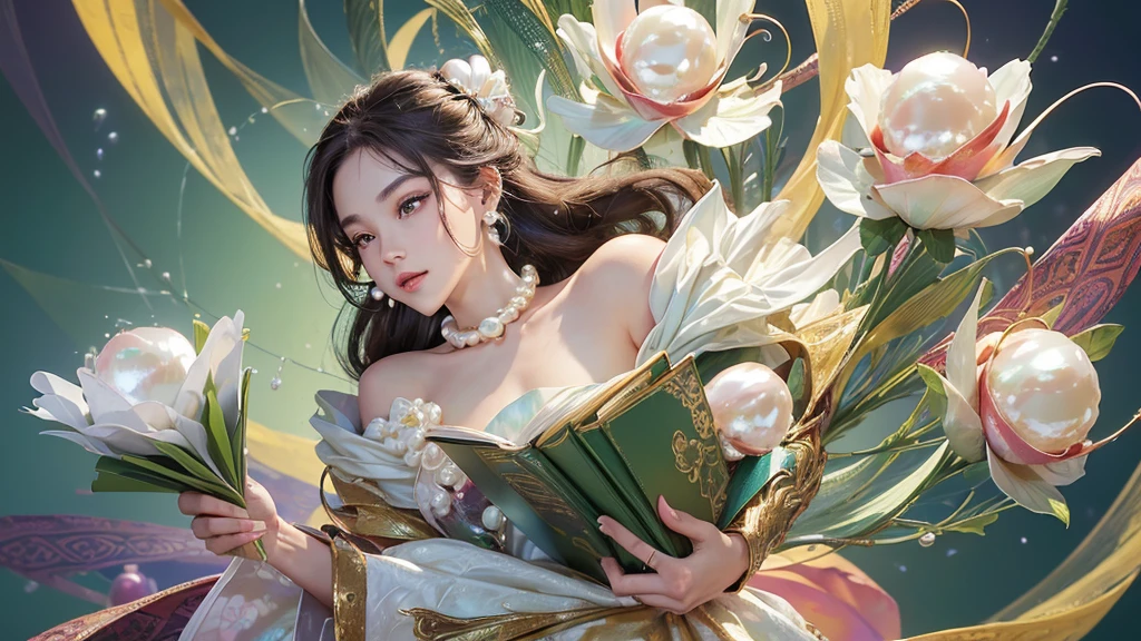 32K, 最高quality, 最高masterpiece, (ultra-Detailed Background, Detailed Background), High resolution, Super detailed, Very detailedな, 1 personの, (bouquet:1.3), (Tangled:1.2), (Geometric:1.2),(colorful),(masterpiece, quality, best quality, Official Art, Beautiful and beautiful:1.2), (1 person:1.3), Very detailed,(colorful:1.1)(Flowers:1.3),Most detailed,(Tangled:1.2), whole body, (Abstract background:1.3), (Skin glows), (Many colors:1.4), ,(Earrings Pearl:1.5), Light green background, It's imaginative., Brunette Hair, Updo, Holding a book, Holding a pen, Satin shirt