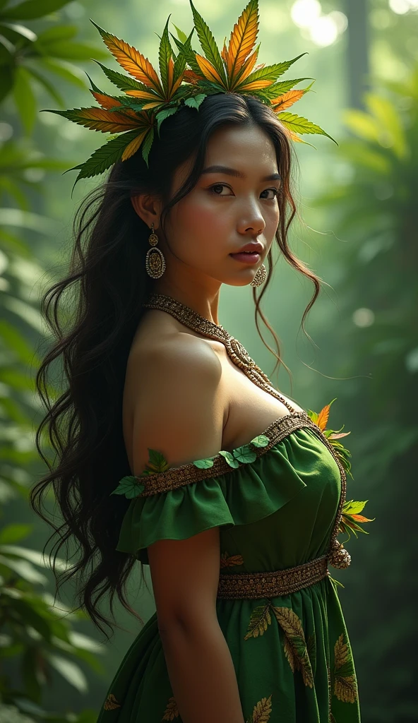 (extremely detailed CG unity 8k wallpaper:1.5),<(masterpiece:1.5), (best quality:1.7), high resolution illustration, (finely detailed eyes and detailed face:1.3), full body view, (detail:1.3, best quality, (ultra-detailed), (an extremely delicate and beautiful), (illustration), (painting),(masterpiece:1.5),cinematic light,dynamic angle,floating,sharp focus,(2d:1.7), (best quality:1.3),(illustration:1.1),((disheveled hair:1.2),(beautiful detailed eyes:1.1),(cinematic light:1.1), (marijuana goddess:1.2), (cannabis goddess:1.2), (ganja goddess:1.2), (weed goddess:1.2), (hemp goddess:1.2), (marijuana leaf crown:1.2), (Beautiful Indonesian Girl), wearing a sexy traditional Indonesian Kebaya dress, curvy body type, voluptuous body type, curvy body type, thick body type, big chest, big , ((full_body_portrait)), (Indonesian Art Culture) , Marijuana Indonesia Park background