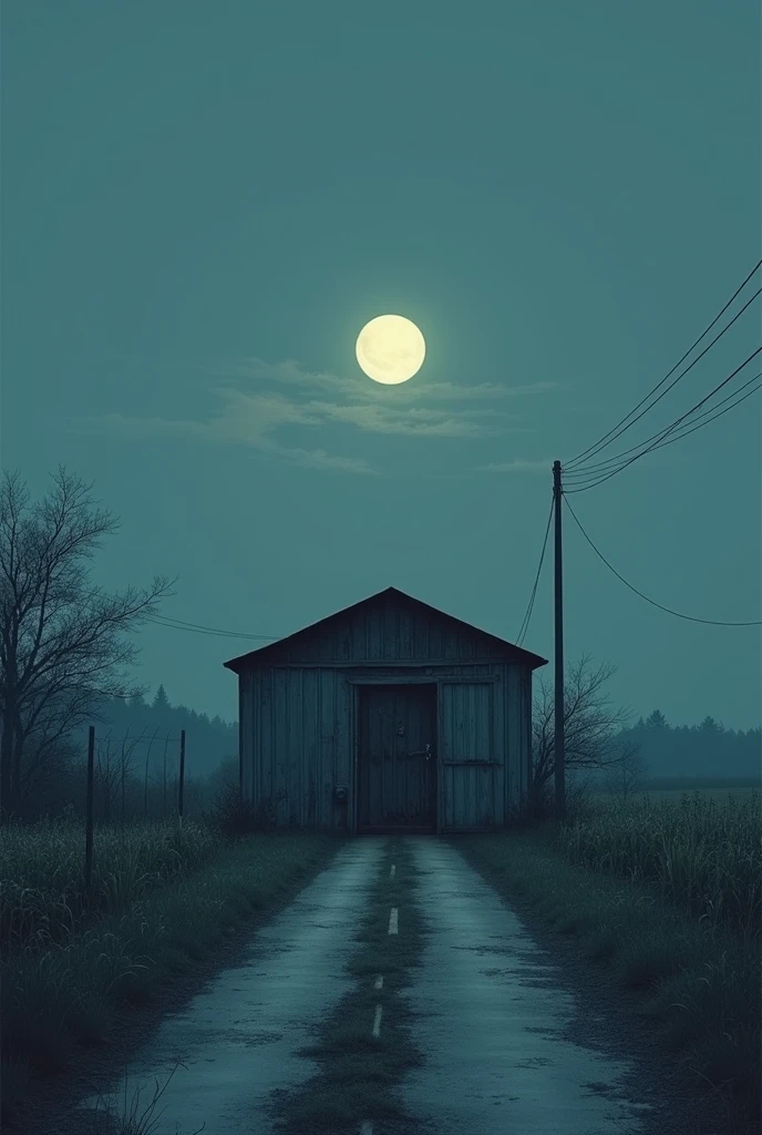 An aged metal shed, a little rusty and with a door in front, surrounded by neglected plants and crops, like dark green overgrowths.
The shed and the crops are next to the lonely road, paved but lonely, no one passes by, no one is nearby.
The entire scene is illuminated by the faint white moon with yellowish touches, which is located between weak clouds and surrounded by a lonely, clear sky.
It's early morning, it should be noted.
The image must be surrounded by a strange mysticism, like a lonely feeling, of knowing that no one is around, it must be somewhere between peaceful and solitary.
The image should maintain a ULTRA MINIMALIST vectorized style.