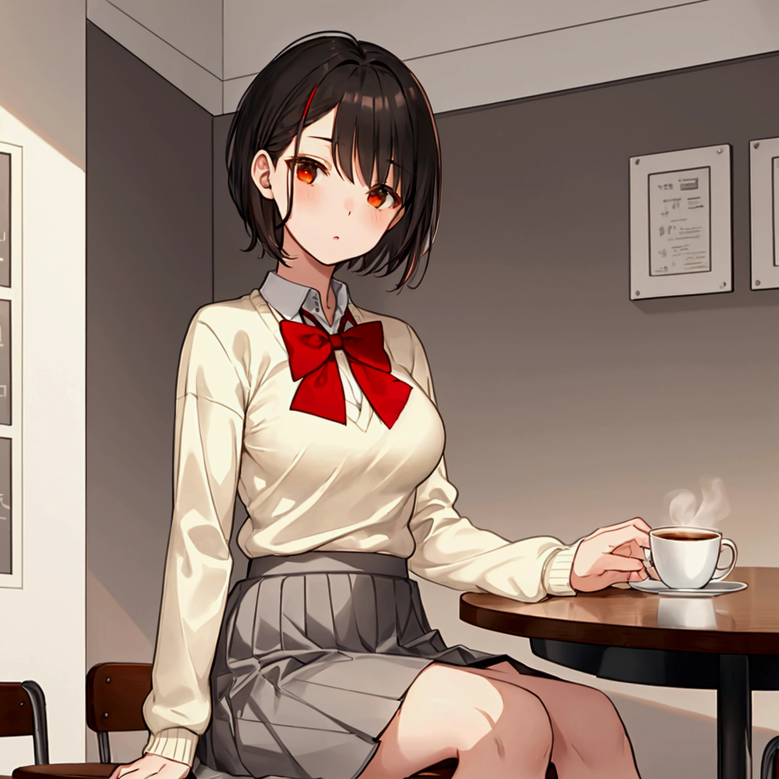 Coffee shop background, white school uniform, red bowtie, yellow sweater, tied sweater on hips, grey skirt, grey patterned skirt, 1woman, solo, dark hair, short hair, shining hair, medium-large breast, sitting behind table, facing viewer, arrogant,