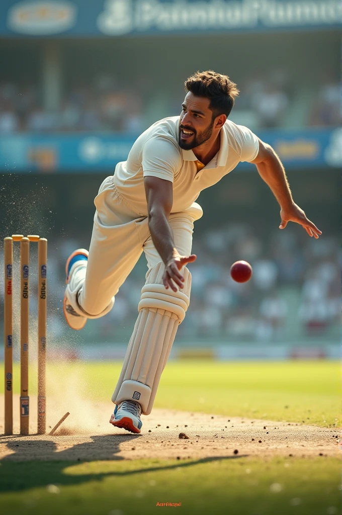A bowler bowled and broke the stumps