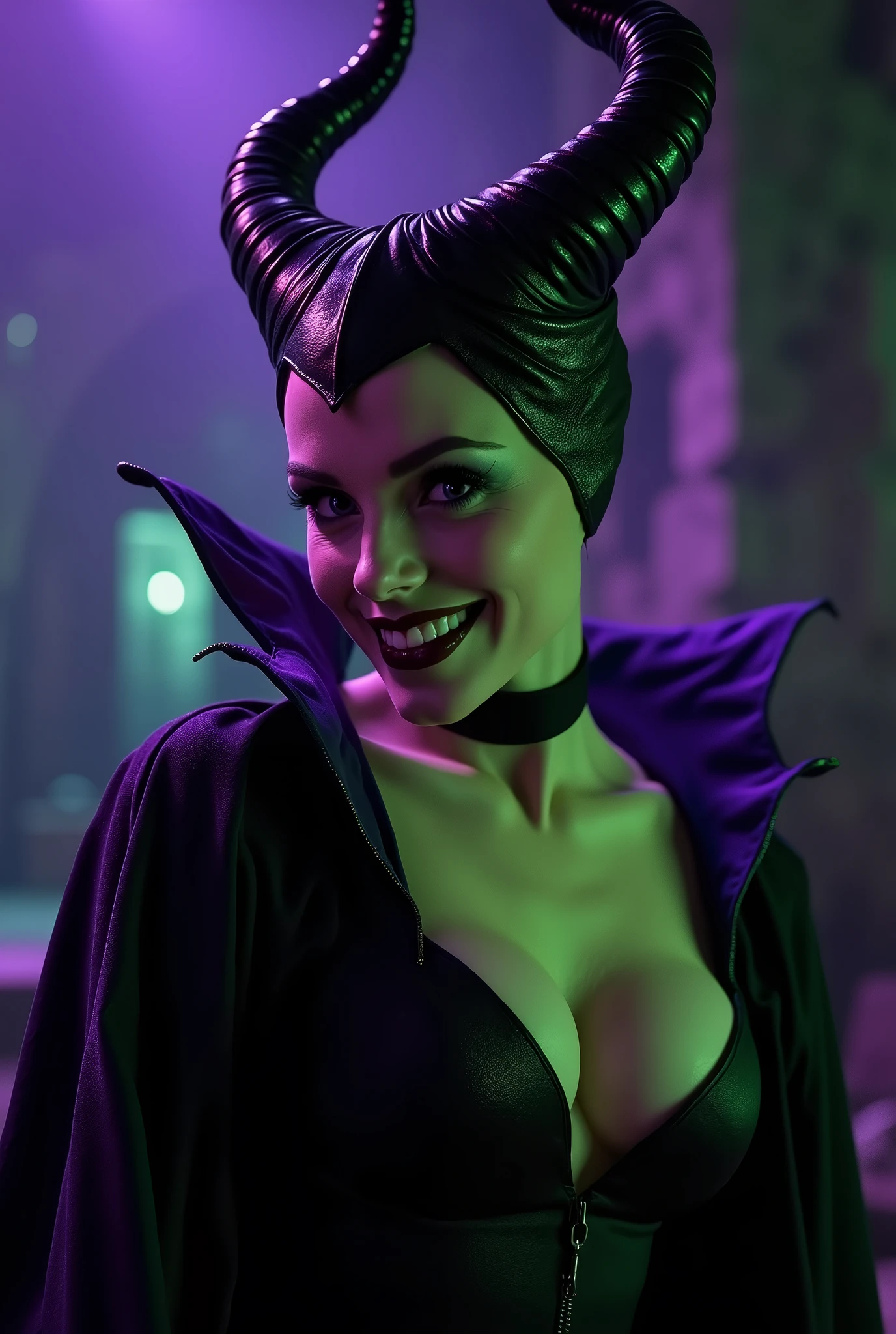 A stunning portrait of Maleficent, emphasis on her horns, purple highlights, purple reflected light, in the nude, big butt, lean forward, NUDE , naked , masturbate , bending over, backward, show your ass, leaning on an altar, squat, naked, young and beautiful, hyper realistic, real portrait, backlit, exquisite features, cleavage, sexy, seductive, unnatural light, soft light, location is the interior of a dungeon, green light, eerie, purple highlights:1.4, she is smirking, she is busty, her chin is raised, looking down at viewer, low angle shot, exquisite features, exotic, high cheekbones