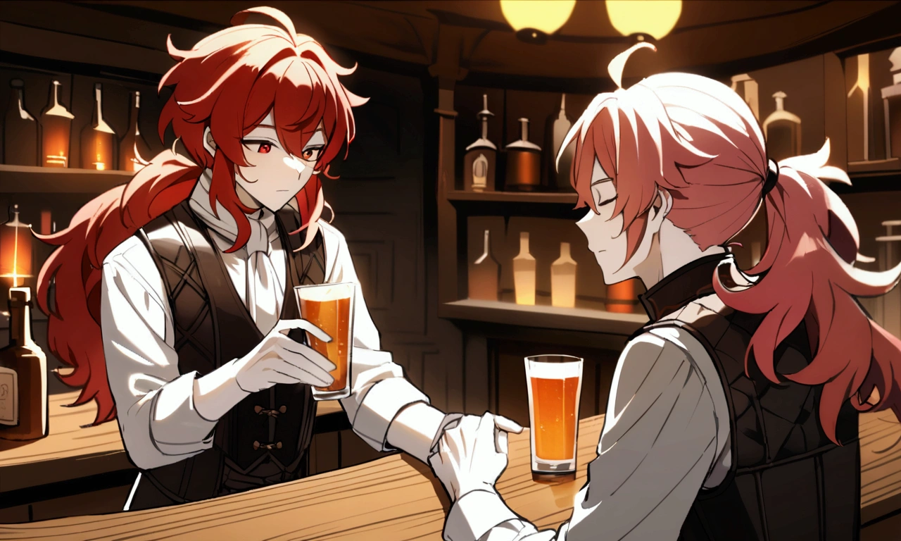 Make an anime character, 20 year old man, white skin, red hair, messy hair, ponytail hair, voluminous hair, long hair, red eyes, Diluc character from genshin impact, white medieval shirt, leather medieval vest, cleaning a glass cup wooden counter, bartender, tavern scene, closed eyes