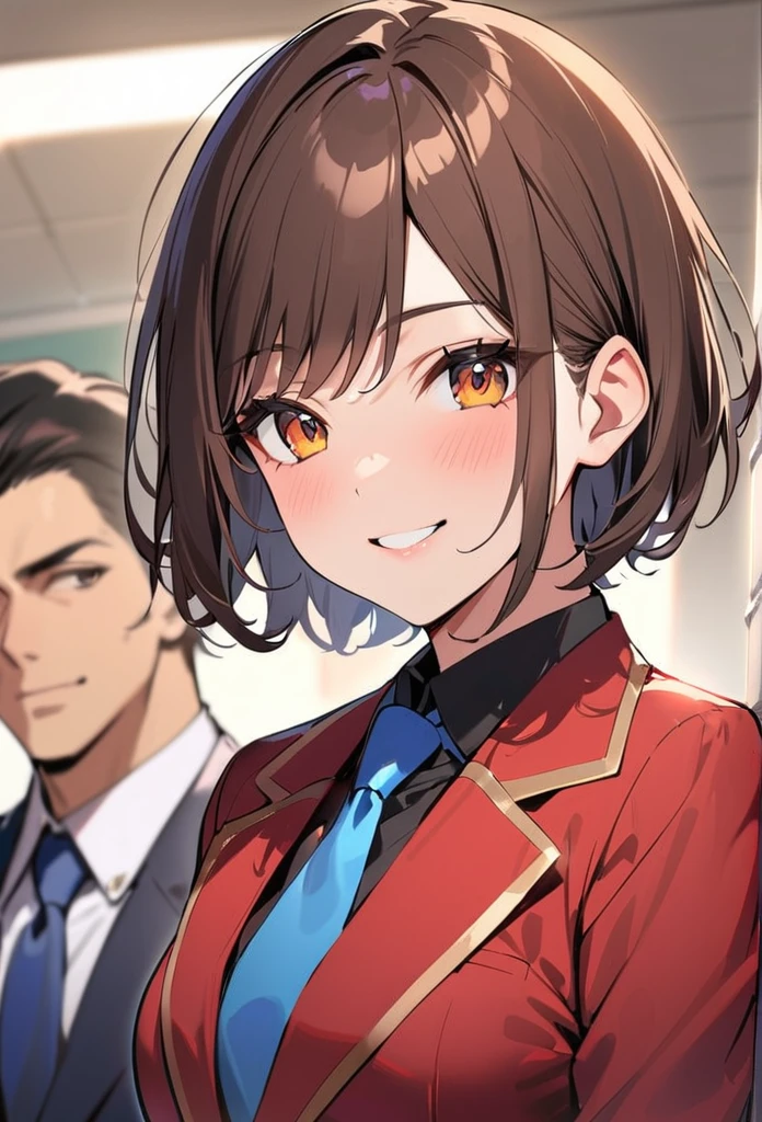 best quality ,1man, Brown Hair, Short Hair, smile,blazer,Blue tie, high school student