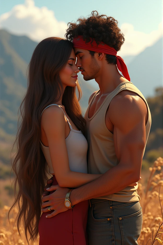 In the picture you can see a young couple, with the woman in front and the man hugging her from behind. The man has short curly hair, He wears a red bandana around his head, and is leaning slightly forward to rest his head on the woman&#39;s. The woman has long hair, smooth and brown, eye is not wavy it is straight as if the hair had been ironed, and his face is slightly tilted towards the camera, with a soft and relaxed expression. 

The background shows a clear blue sky, without clouds, which suggests that it is a sunny day. besides, you can see some rocks and dry vegetation, which indicates that they are in a natural environment, probably in a mountainous area or in an open field. The light seems to be warm, as if it were during dusk or dawn, which highlights the golden tones in the skin of both.

generate an image based on this description