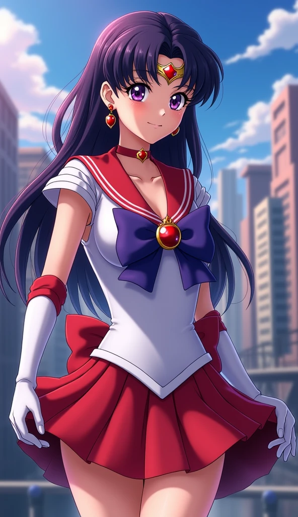 anime Sailor Mars in a sexy outfit standing in front of a city,Su cabello es morado oscuro, su tiara es en forma de v con una joya color rojo. Sus pendientes son estrellas de 6 picos, su cuello de marinero es de color rojo con 3 líneas blancas, su broche es rojo, su broche delantero es de color morado y su camisa es blanca con hombreras color blanco con una linea blanca en la cintura. En el medio hay una joya roja con bordes color dorado, sus guantes están por debajo de sus codos y su color es blanco con la parte superior de color rojo, su falda y su moño trasero son rojos, seductive anime girl, extremely detailed artgerm, ilya kuvshinov. 4 k, style artgerm, marin kitagawa fanart, ilya kuvshinov and artgerm, made with anime painter studio, beautiful alluring anime woman, sakimichan frank franzzeta, high quality, (RAW photo, best quality), (realistic, photorealistic: 1.4), (extremely delicate and beautiful: 1.4), amazing, fine details, masterpiece, ultra detailed, high resolution, best illustration, best shadow, intricate, ( extremely intricate: 1.2), (exquisitely detailed skin), cinematic light, perfect anatomy, (cool color: 1.4), sharp focus, 8k UHD, DSLR, (Fujifilm XT3),(Sailor Mars:1.4),( sailor moon Mars:1.4), (skirt lifted by itself: 1.1), (skirt lift: 1.3), (showing blue panties: 1.3),( iluminación cinematográfica :1.4)