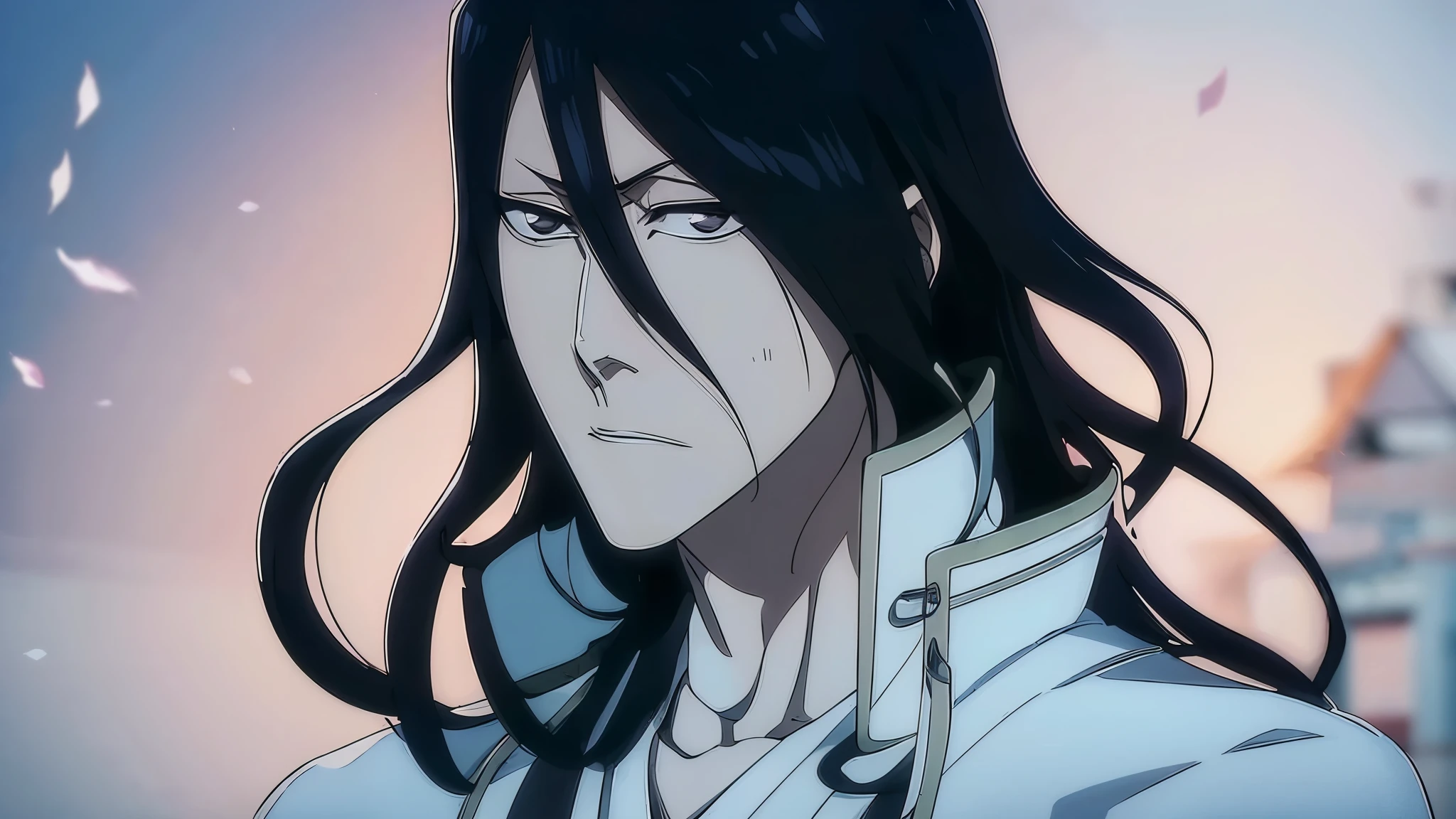 Byakuya Kuchiki from Bleach, handsome, male, black hair, medium-long hair, face detailed, perfect eyes,black clothes, white jacket, pale skin, ((best quality)), ((master part)), ((detailed)), 16k, HDR, RTX, (masterpiece, aesthetic: 1.3), (1 man), perfect hands, (dynamic pose:1.2), close-up, portrait.