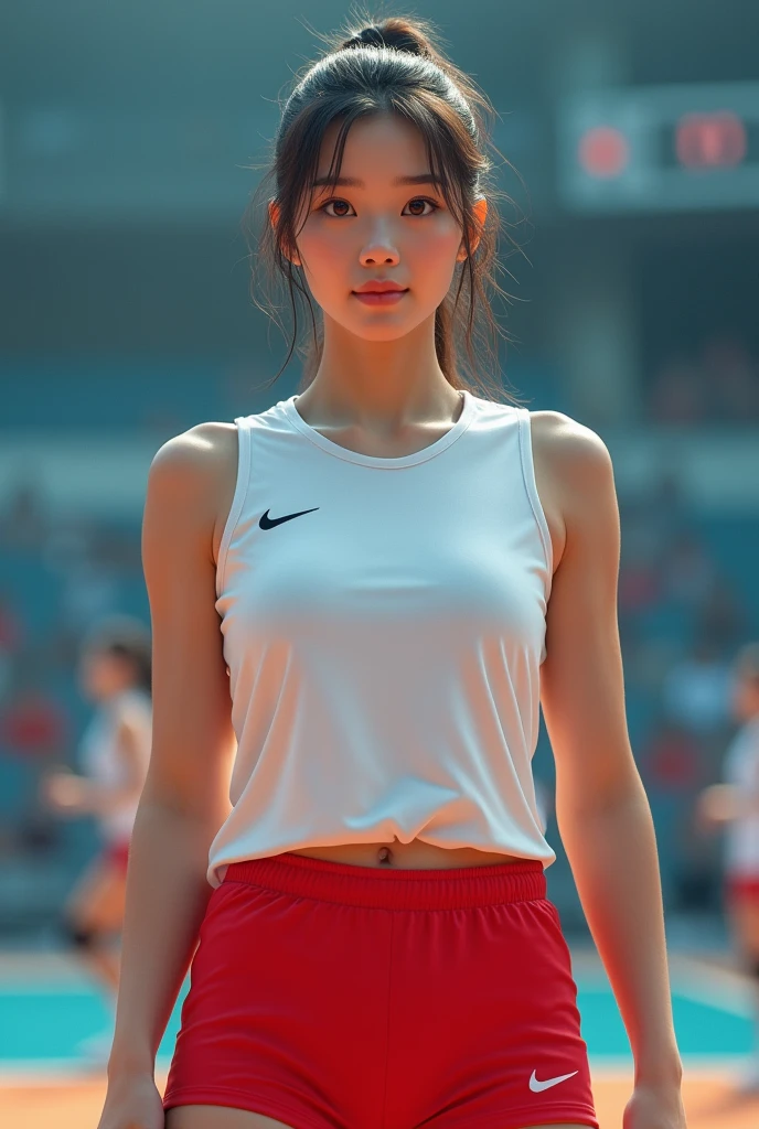((((足を大きく開いた))))、(A beautiful Korean volleyball player, age 23, wearing White Tight Sleeveless Lightweight Synthetic Jersey, Red Spandex Shorts, Ankle Braces and Knee Pads, pre-season friendly match, graceful expression, kind smile, dimpled chin, cute snaggle-tooth, ponytail, symmetrical face, beautiful detailed face, beautiful detailed eyes, perfect body proportions, ample round bosom, photorealistic, hyper-realism, high contrast, ultra HD, realistic skin textures, top image quality, top-quality, super high resolution, fine details, very meticulously, masterpiece, head to knees, High Angle Shot, Cool Atmosphere, bokeh background)