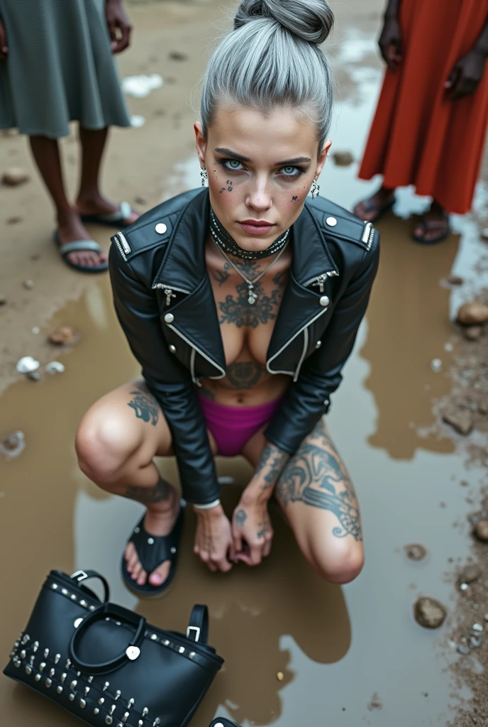 russian woman, grey hair (high pompadour, top bun), with very light blue eyes, extremely pale skin. All neck tattooed. Hands and forearms all tattooed.vTighs all tattoed. Wearing cropped aged black moto jacket with lots of zippers and pins, flipup collar.. fuchsia bikini.. flip flo. Dirty knees, dirty feet and muddy hands. Squatting on a puddle with hands on her hips, looking up, chin up, stretching her neck , humble faciaession. Black nail polish. studded black leather tote bag with chain on the floor, next to her.. Listening looking up in amazement to somebody speaking to her from the sky, upper teeth visible. Well toned abdominals, thin neck, slim legs and thin arms. Narrow hips Cleavage, stomach,igh and hands completely covered with tattoos. Dirt street in Kenyan village full of waste. Lots of silver bracelets, silver pendants and collars around all the beck. A lot of tanned fat women in traditional dresses around looking at her. next to her, all her belongings scattered on the floor: too packs, makeup kit, little makeup mirror, studded black leather tote bag, lipstick, wallet, moble etc on the floor, point of view; from above