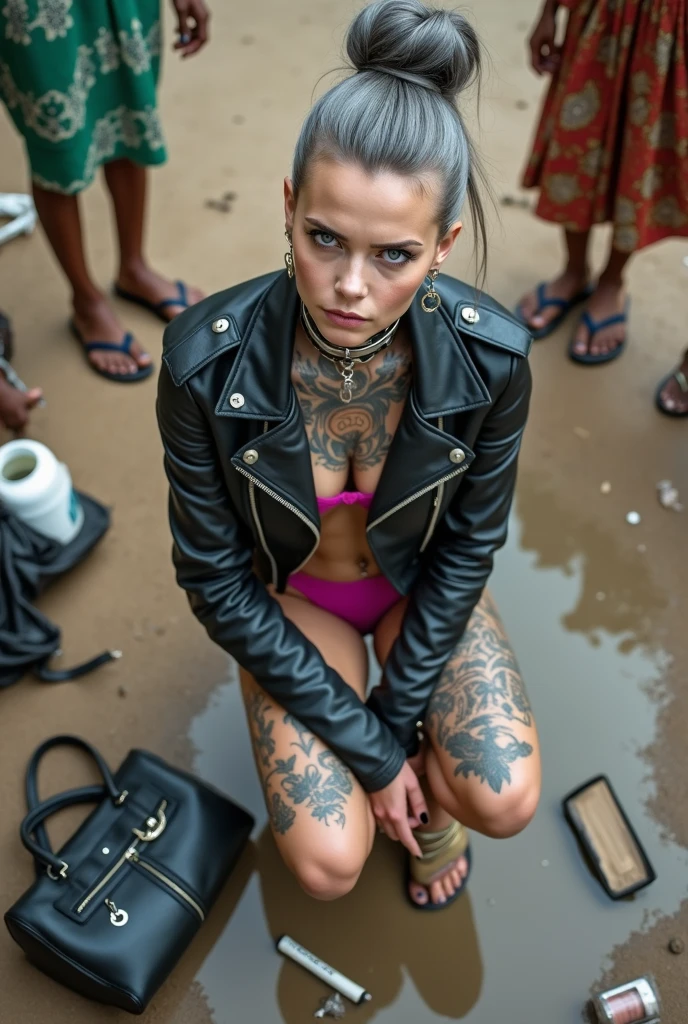 russian milf woman, grey hair (high pompadour, top bun), with very light blue eyes, extremely pale skin. All neck tattooed. Hands and forearms all tattooed.vTighs all tattoed. Wearing cropped aged black moto jacket with lots of zippers and pins, flipped up collar.. fuchsia bikini.. flip flops. . Dirty knees, dirty feet and muddy hands. Squatting on a puddle with hands on her hips, looking up, chin up, stretching her neck , humble facial expression. Black nail polish. studded black leather tote bag with chain on the floor, next to her.. Listening looking up in amazement to somebody speaking to her from the sky, upper teeth visible. Well toned abdominals, thin neck, slim legs and thin arms. Narrow hips Cleavage, stomach, neck, tigh and hands completely covered with tattoos. Dirt street in Kenyan village full of waste. Lots of silver bracelets, silver pendants and collars around all the beck. A lot of tanned fat women in traditional dresses around looking at her. next to her, all her belongings scattered on the floor: tobacco packs, makeup kit, little makeup mirror, studded black leather tote bag, lipstick, wallet, moble etc on the floor, point of view; from above