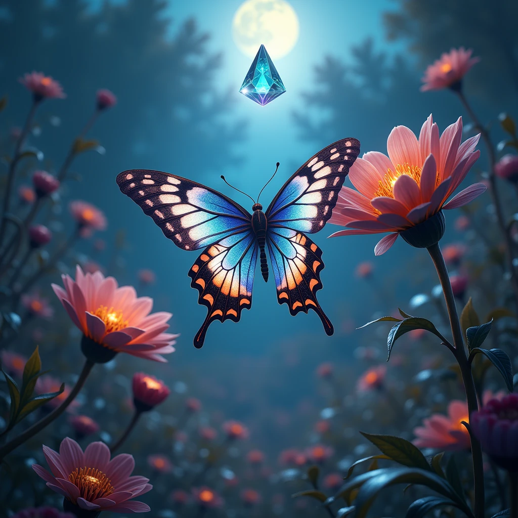 Moonlight,The arrival of spring, Mr.々Beautiful flowers
, A swallowtail butterfly with beautiful iridescent wings,View from below, 空から落ちてくるMr.々A gem, Amazingly beautiful scenery, Slightly hazy, wonderful, High resolution, 8k, (Highest quality, High resolution, Realistic:1.37), Shiny metallic flowers, Intricate and delicate petals, Reflective surface, Vibrant colors, Intricate details, Close-up view, 超Realisticな庭園, 超Realisticな美しさ, Dreamy atmosphere, Fine art, Abstract Plants, Metallic engraving, Contrasting Textures, Mysterious glow