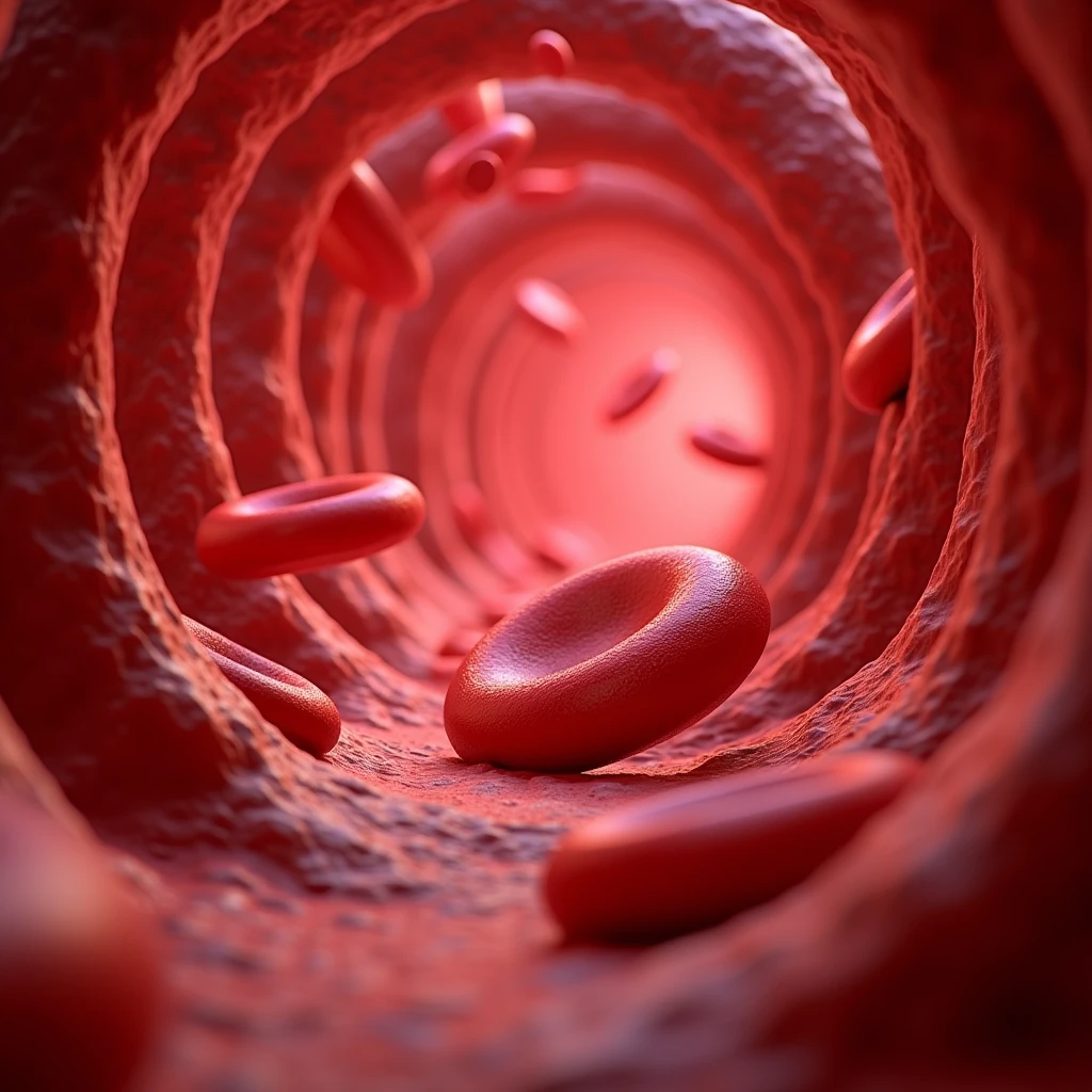 Highly detailed, close-up, and stylized digital rendering of red blood cells flowing through a blood vessel. The image features a tunnel-like layout with the blood vessel walls depicted in various shades of red and pink, creating a dynamic and immersive perspective. The red blood cells are shown in a three-dimensional, glossy, and slightly translucent style, with a vibrant red color that contrasts sharply against the background. The cells are depicted in various sizes and orientations, giving a sense of movement and depth as they travel through the vessel. The overall composition is both scientifically accurate and visually striking, emphasizing the intricate and vital nature of the circulatory system.