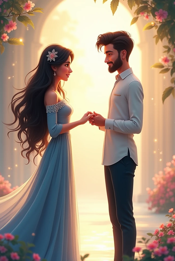 A beautiful pakistani couple having engagement putting ring to girl's finger in silver and blue dress with open hair of girl and maintaing distance and boy has round face shape animated