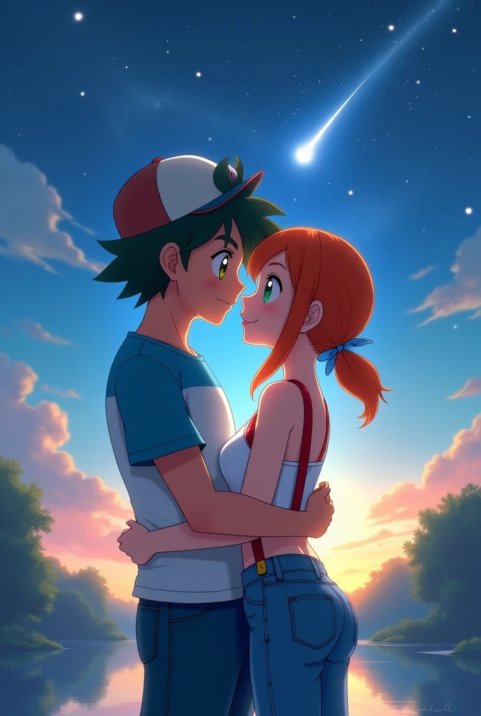 best quality, of romantic couple in amazing and idyllic landscape, romantic atmosphere, featured details; Man ash Ketchum from Pokémon blue and white t-shirt with use Jean, woman
(Misty_Pokemon)(Berry Short,Orange Hair,one side up hair,Big green eyes,Small breasts,Skinny)
(White sleeveless T-shirt,Belly button exposed,Denim pants,Red suspenders,sneakers)
I can feel the spirit in my eyes., readiant smile, in the light of the moon kissing , anime realistic , star , hugging, beautiful girl, magic moment, 4k ,