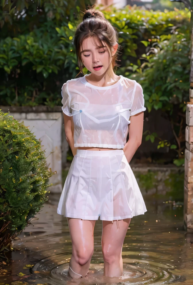 (Highest quality, masterpiece, 4K, photograph, Fine:1.4), (Cute crying girl in soaked short white nylon mini skirt:1.3), garden, squirt, tomboy, A soaked white short-sleeved T-shirt and white nylon mini skirt, Covering the chest with both arms, Very cute with a baby face, ponytail, The chest area of her white short-sleeved T-shirt is wet and transparent., Her wet white nylon mini skirt are transparent and her underwear is clearly visible, White clothes that are wet and see-through, Footage from the knee up
