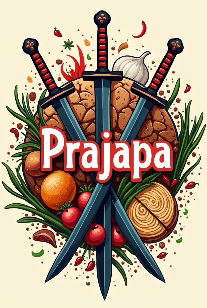 Create a logo with design references "One piece" for a restaurant with oriental characteristics, Italian Pastry Mass, Indian spices, Brazilian family, store name written "PraJapa" and a bottle of beer. Four characters: a blonde woman with her hair tied up cooking, a Japanese man with shoulder-length black hair holding a  girl and a chilh dark blonde wavy hair with highlights.