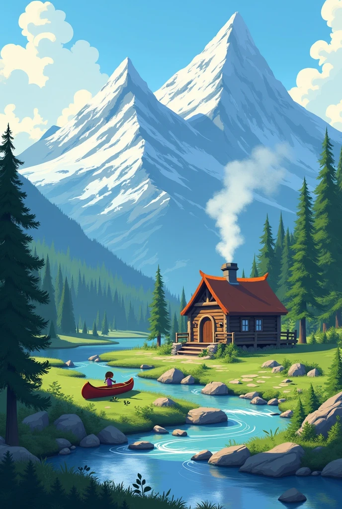 Mountains in the background with snow caps, Trees , a river with rocks and a cabin with smoke coming out of the chimney and a with a canoe in front of the house