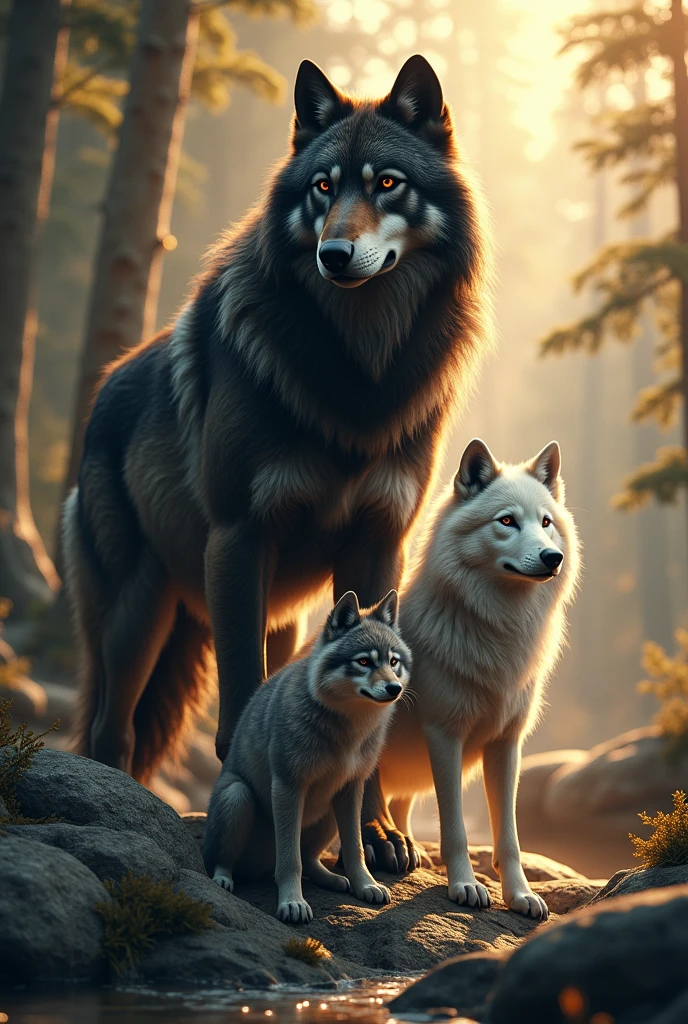 Black male wolf, a white female and a small gray cub