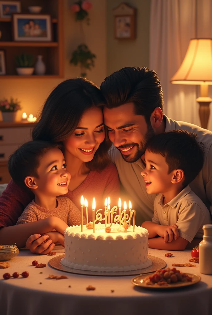 A beautiful birthday cake for my wife "Saba" name written on the cake celebrating in beautiful home with my wife and two sons playing around