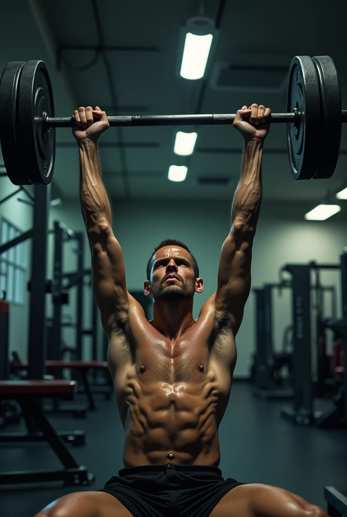 A very skinny man at a gym working bench press