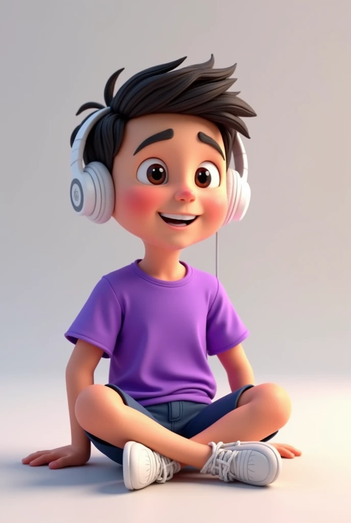 draw 3D animation boy character purple t shirt and with airpod and sitting