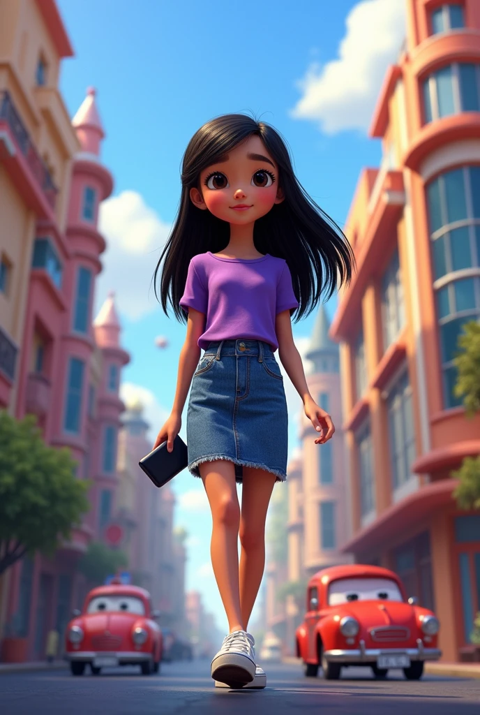 Pixar-type poster with a short girl with long, straight black hair, She wears a purple sleeved blouse and a knee-length fitted denim skirt., white low converse tennis shoes. In his right hand he has a cell phone. He is walking on the street where there are cars 