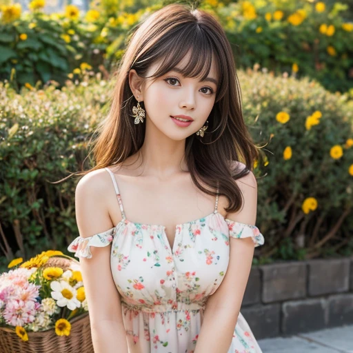 laughing out loud，travel scenery photos，Wear a cute dress，Dress with yellow flower pattern，1 female, On the face, light brown hair, blunt bangs, hair behind ears, Shoulder-length hair, long hair, Slender body type, 超face slimming型, face slimming, delicate lips, beautiful eyes, Thin blush, Eyes are light brown,View here, (actual:1.3), One person's perspective, 8k, Super detailed, high quality, best quality, High resolution，2,above knee shot，Breast protrusion，full