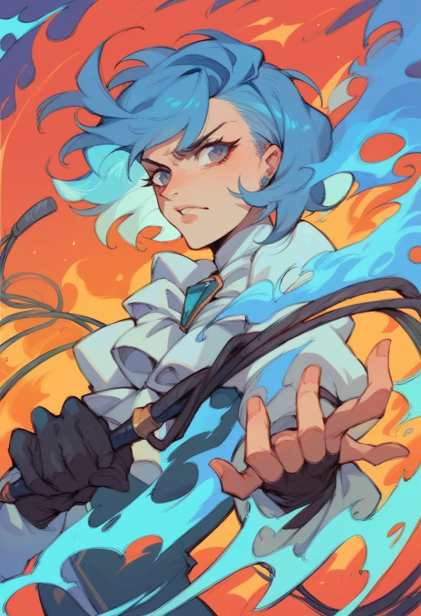 Franziska von Karma, blue hair, whip on hand, whip on fire