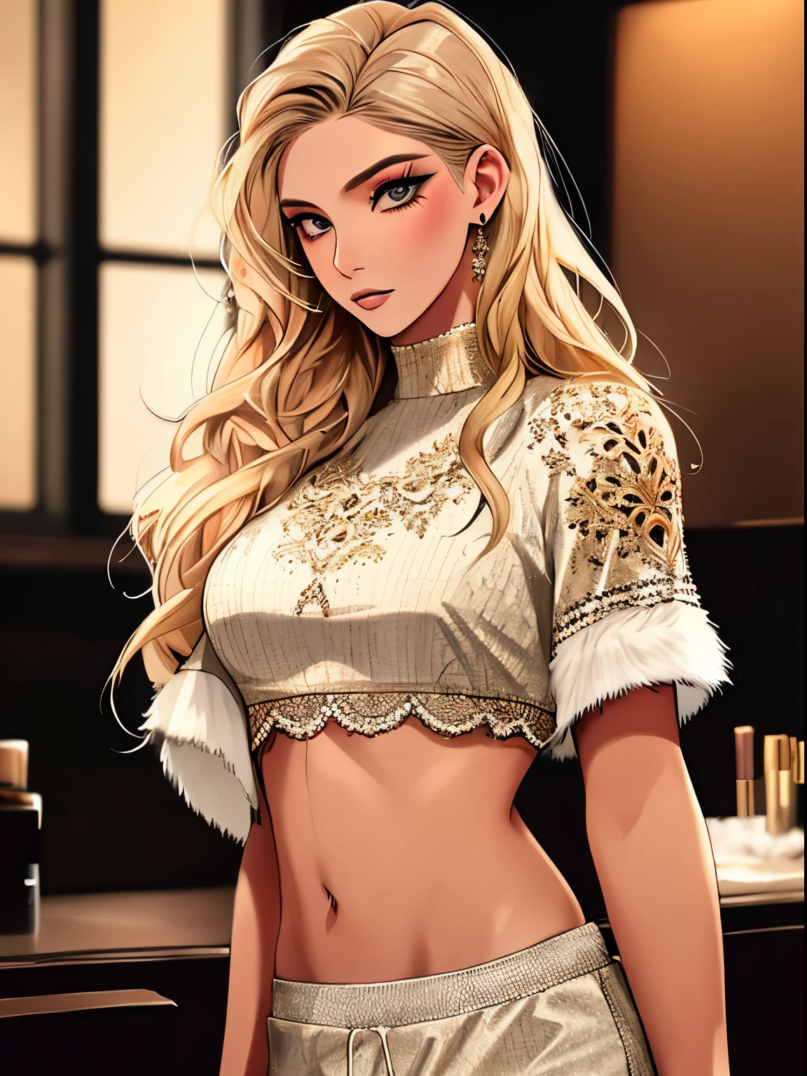 A portrait of a blonde, (makeup:1.4), amazing body, (fit body:1.2), lace outfit, highly detailed fur, natural skin texture, 4k textures, detailed belly, Highly detailed perfect smooth skin, Lightroom, Intricate, Ultra-Realistic, Out There, (HDR:1.3), UHD, (Intricate Detail, Hyper-Detailed:1.1), Cinematic, Photoreal, (Dark Shot:1.2), Dramatic, High Contrast, (Warm Color:1.1) , muted colors, master piece, elegant, sharp focus, nike sweatpants