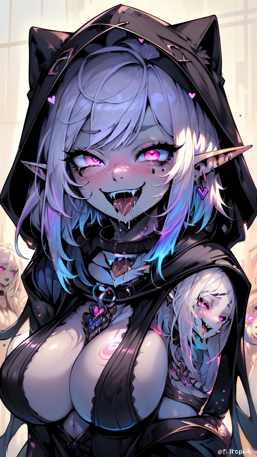 卓尔Elf, woman, Pointed ears, Solitary, Elf, Umbilical cord, hood, have色皮肤, diaphragm, Looking at the audience, Long hair, Elf, breast, White hair, Gray skin, Know, Glowing eyes, Lips, 亲切的Smile, ((masterpiece, best quality)), Artwork by Greg Rutkowski, Popular on artstation (masterpiece:1.2), best quality, Beautiful rebellious girl,portrait,
1 Girl, have, open mouth, Glossy lips, White short hair, , Pink Eyes, earrings,, Long eyelashes, contour, Upper Body, Clothes Writing,Huge bust、Protruding chest、Super huge、巨大的breast, Barcode tattoo, bust, Smile, Collar,Huge bust,Long hair,Drool,Milky saliva,Showing breasts,Chest-baring clothes,拴着铁链的Collar,Fangs,Facing the camera,Red heart-shaped pupils,Superbly detailed eyes,Exquisite face,Detailed face,Delicate nose,Intricate tattoos,Rainbow colored hair tips,Short hair girl