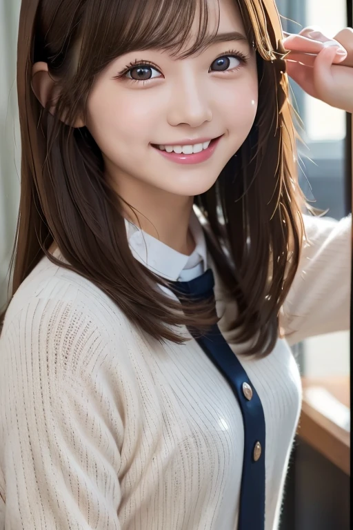 woman,2,Brown Hair,uniform,high school girl,Bright smile,Big eyes,charm,cheerful and energetic,Natural Body,Small and delicate,A bit clumsy,High resolution