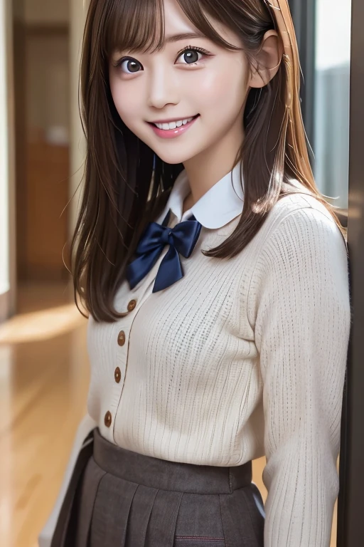 woman,2,Brown Hair,uniform,high school girl,Bright smile,Big eyes,charm,cheerful and energetic,Natural Body,Small and delicate,A bit clumsy,High resolution