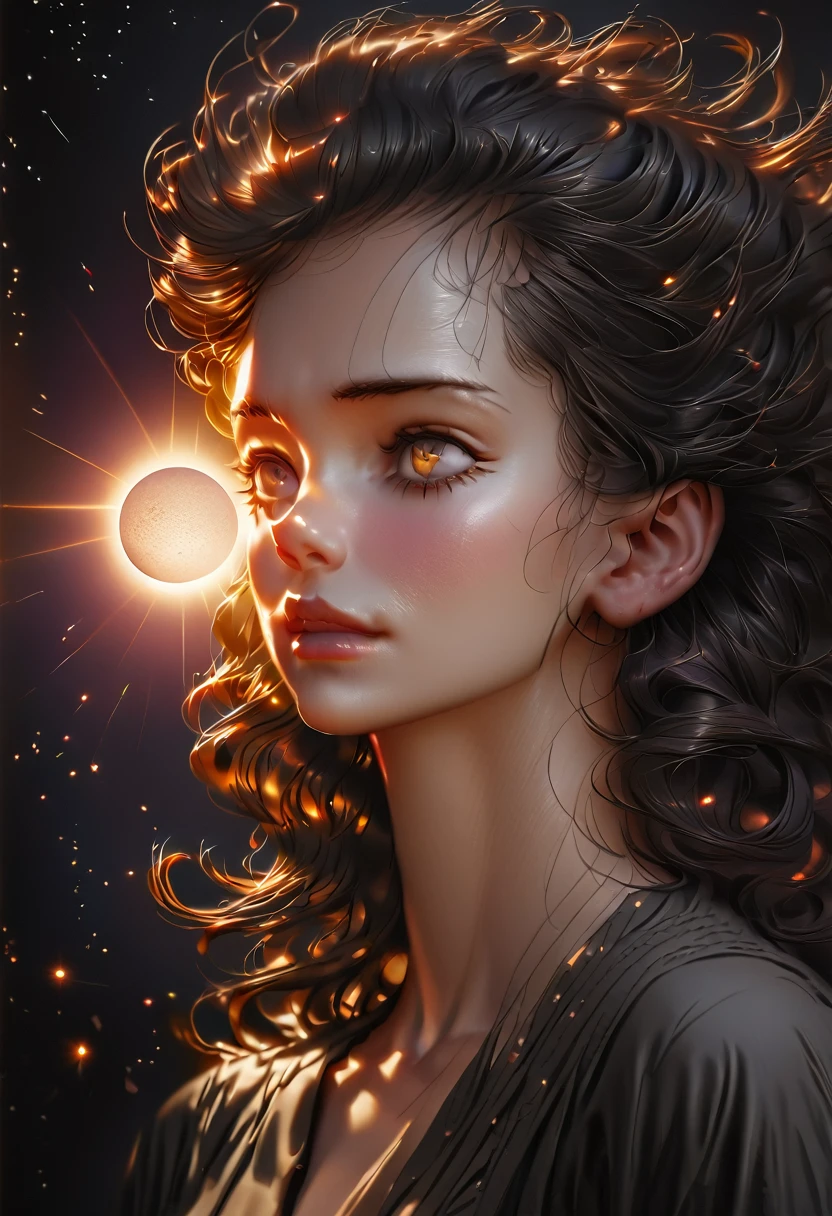 a girl floating in space, glowing sun, dark space, wolp style, (best quality,4k,8k,highres,masterpiece:1.2),ultra-detailed,(realistic,photorealistic,photo-realistic:1.37),detailed eyes,detailed face,detailed lips,long eyelashes,emotional expression,dramatic lighting,volumetric lighting,cinematic composition,vibrant colors,muted colors,dreamlike,mystical,cosmic,ethereal