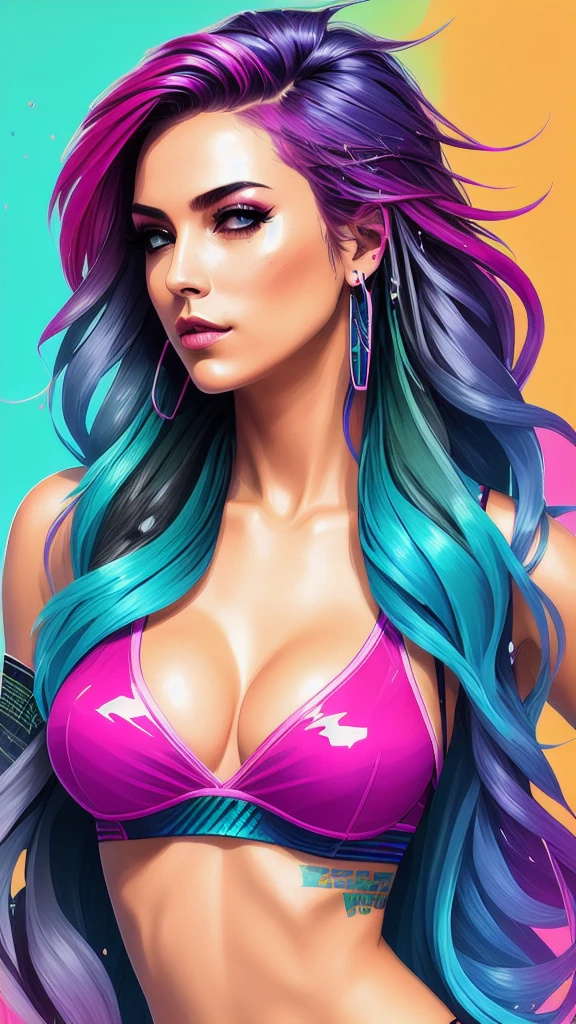swpunk style synthwaveaward winning half-length portrait of a woman in a motel, big breasts and hot body in panties, with teal navy blue ombre hairstyle with flying hair, sentada na cama com as pernas abertas, paint splatters, splashes, overdrive, vaporware, shaded flat illustration, digital art, artstation trends, highly detailed, fine detail, intricate